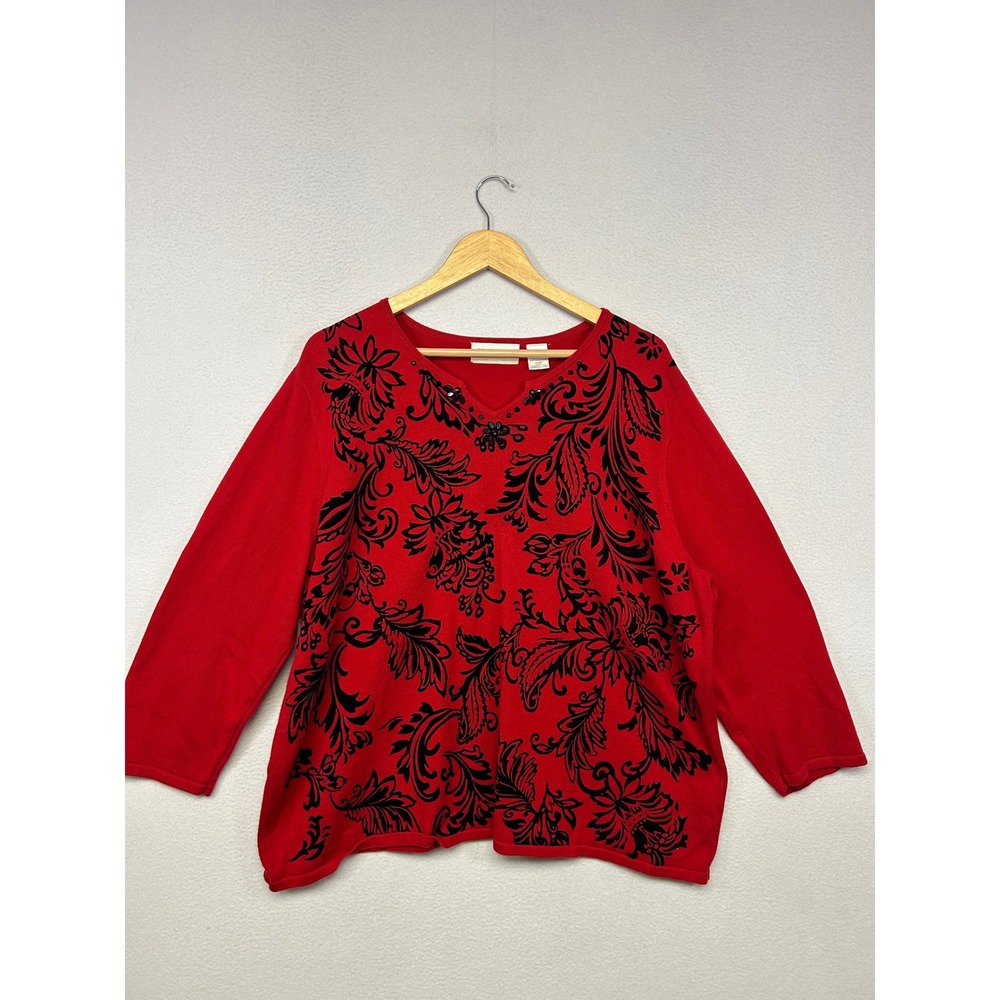 Grandma Core Alfred Dunner Women 2X Red Flocked Beaded Floral V-Neck Sweater
